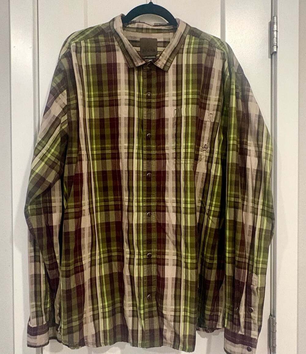 prAna Men’s XXL Plaid Button Up 100% Organic Cotton Gorpcore Utility Outdoors 2X